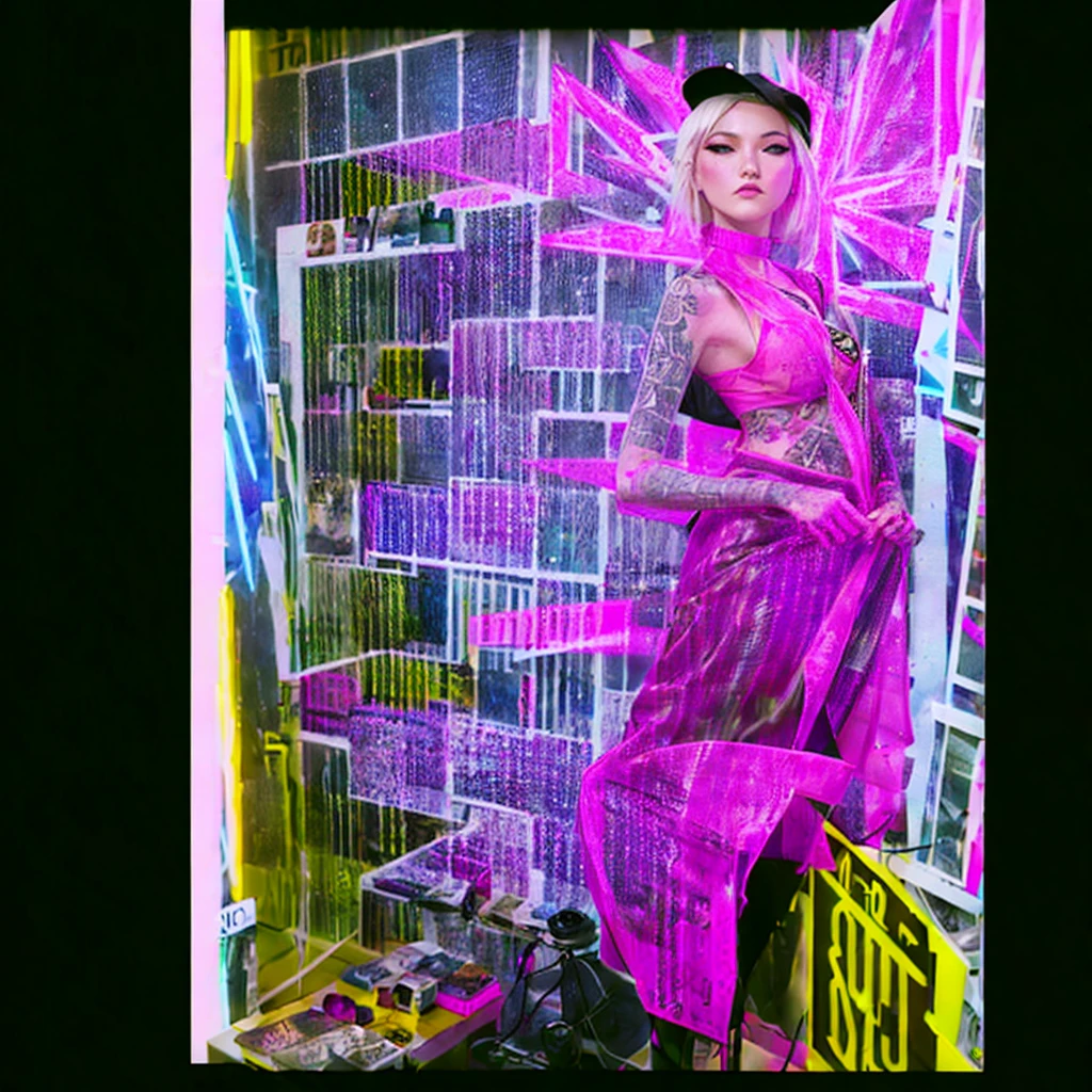 Accamary4, beautiful woman, model, Looking out of the corner of my eye, focus on his face, long platinum blonde hair, Dressed like a gang member, Estilo Grand Theft Auto, Very detailed, 8k, cinematic lighting, dramatic pose, vivid colors, sandy, grunge, dystopian, digital paint, with a pink garment