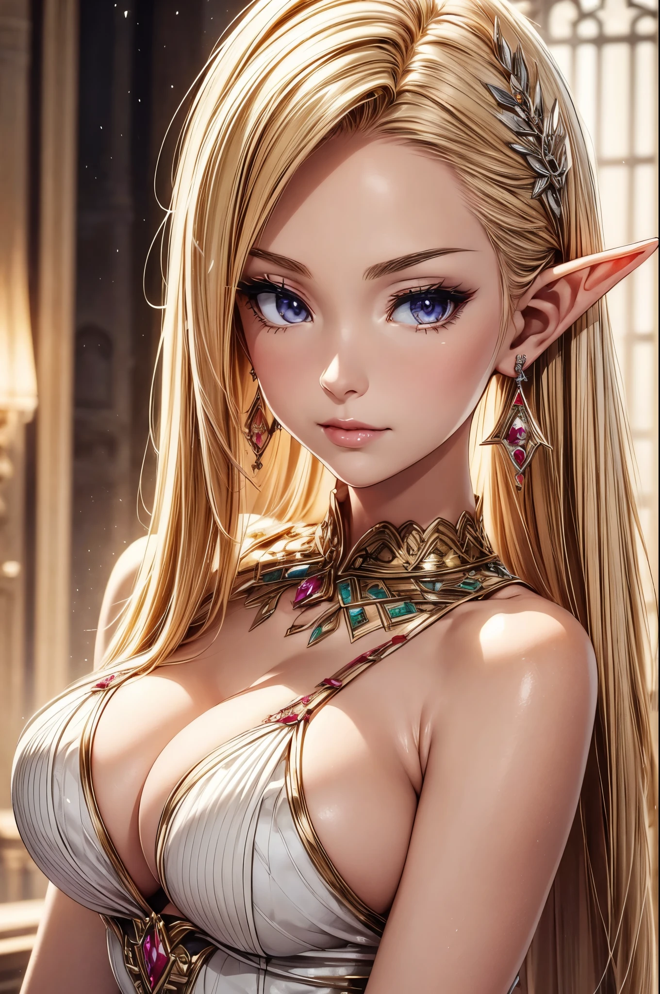 1 girl, Beautiful elf lady, begie blonde Long straight hair, upturn elf pointy ears, sexy figure, perfect breast, charming cleavage, very beautiful face, detailed face, delicate eyes, detailed pupil, beautiful and delicate lips, pale skin, Serious, arrogant, absurd, White gorgeous detailed dress, royalties, celebration, elegant, Noble, Bare shoulders, small crystal earrings, hand drawn animation, high detailed, palace banquet hall, symmetrical clothes, best quality, masterpiece, Fair, Octane Render