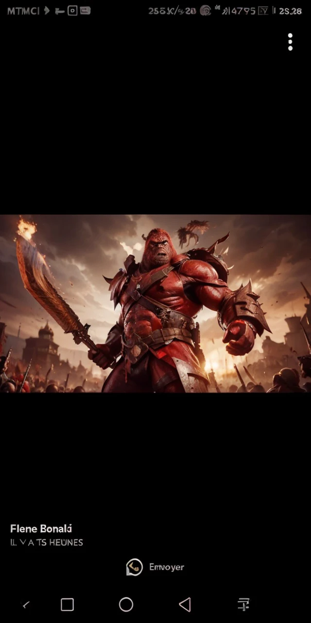 Créez une image d'un gorille anthropomorphe imposant et féroce, avec une musculature impressionnante et des traits de combat. Remplacez le troll rouge de l'image par ce gorille, en lui donnant une expression déterminée et protectrice. Le gorille porte des armures primitives et tient une énorme épée ou un bâton de guerre, symbolisant sa puissance et sa volonté de protéger.Entourez le gorille de femmes et d'enfants humains, regroupés derrière lui, cherchant sa protection. Assurez-vous que leur présence renforce l'image de protection et d'espoir. Le champ de bataille en arrière-plan reste dévasté, avec des flammes, de la fumée, et des silhouettes d'humains et de gorilles en plein combat, pour illustrer le contexte de guerre entre les deux espèces.L'atmosphère doit être sombre et dramatique, avec un éclairage qui accentue les muscles et les expressions du gorille, tout en mettant en évidence la tension et le chaos du champ de bataille.