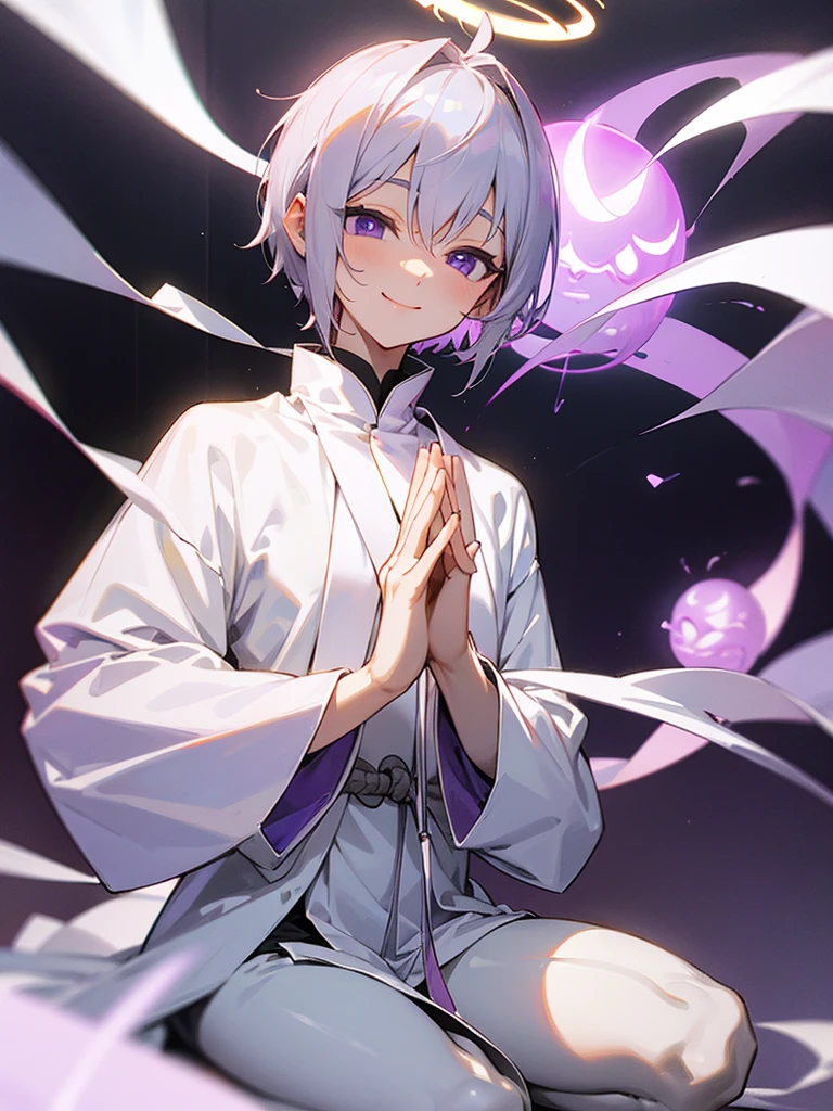 smiling purple eyes zazen silver short hair hands together androgynous white tunic halo buddha