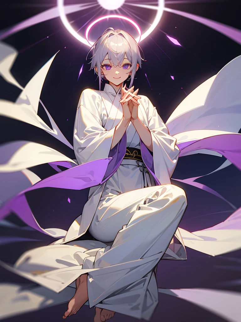 smiling purple eyes zazen silver short hair hands together androgynous white tunic halo buddha