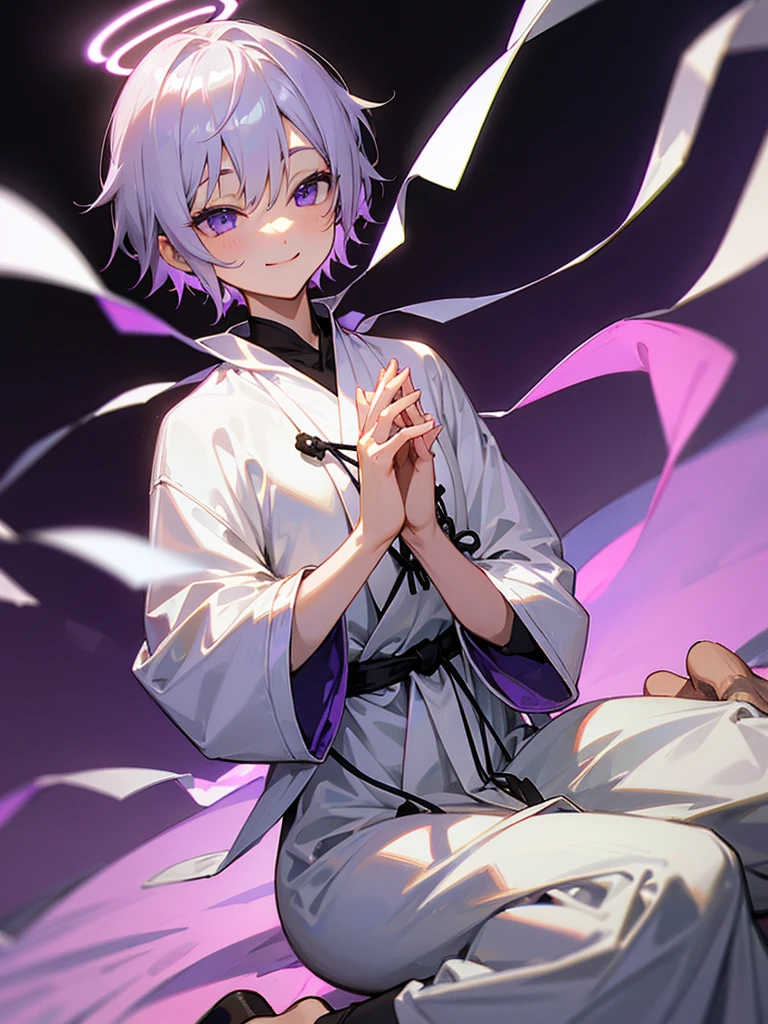 smiling purple eyes zazen silver short hair hands together androgynous white tunic halo buddha