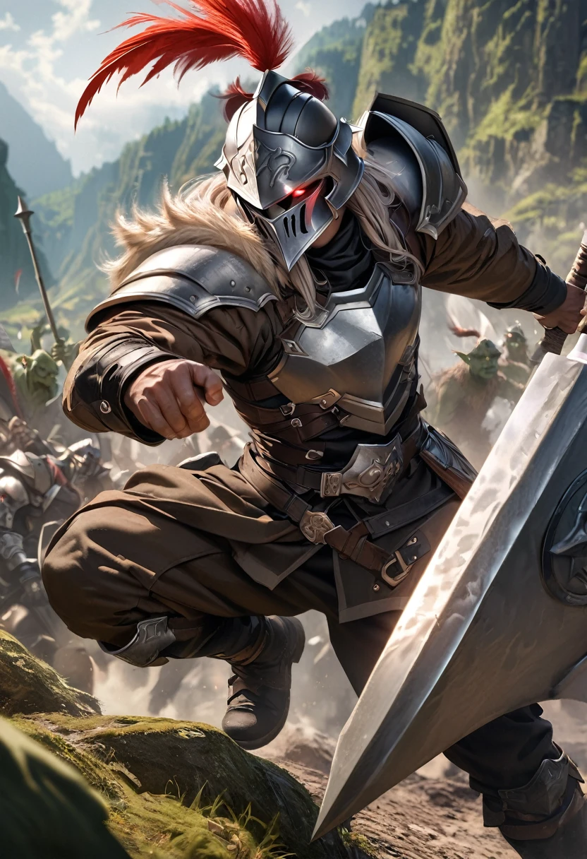 perfect hands, perfect finger,perfect anatomy, masterpiece, best quality,realistic, hyperrealistic, 16k hdr,1 muscular man,,goblin slayer, armor, helmet, glowing eye, plume, fur collar, (battle axe,small shield:1.4),fantasy world,outdoor,fighting pose,dynamic pose
