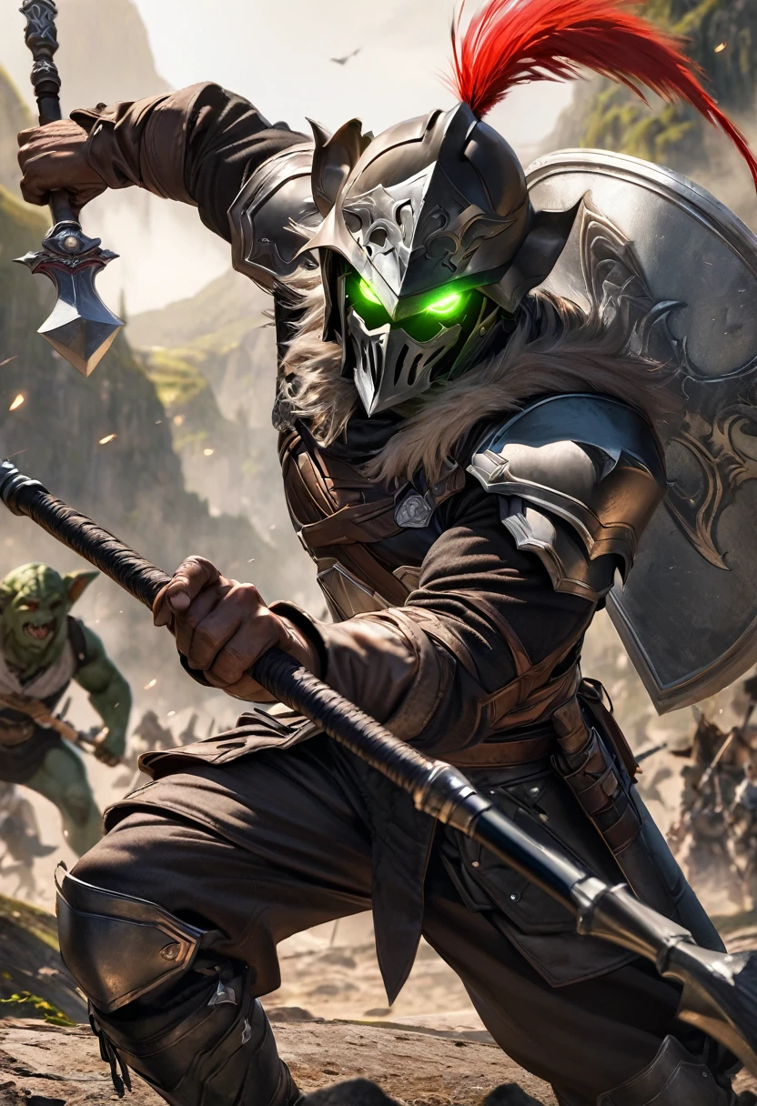 perfect hands, perfect finger,perfect anatomy, masterpiece, best quality,realistic, hyperrealistic, 16k hdr,1 muscular man,,goblin slayer, armor, helmet, glowing eye, plume, fur collar, (battle axe,small shield:1.4),fantasy world,outdoor,fighting pose,dynamic pose