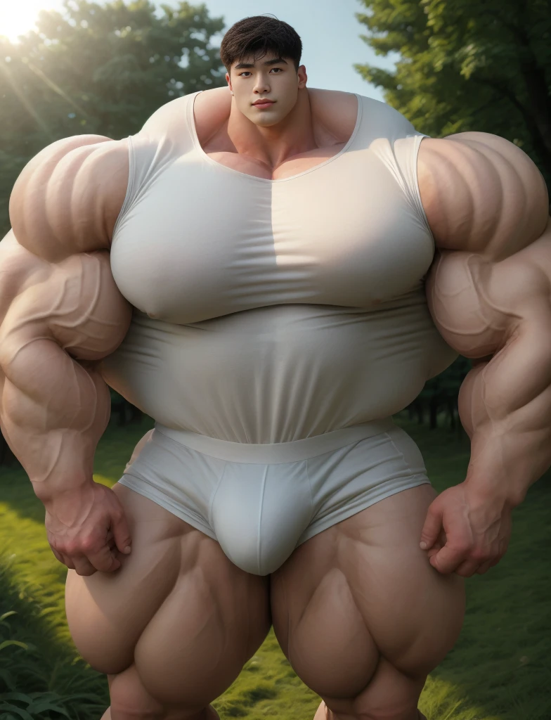 1 asian boy, giant, alone, giant bodybuilder, sunny light, strong body, bulk, large size, staring, standing, at countryside meadows, outdoor, nude, white simple underwear, thick bulge, extraordinary big, brutalmass, giant muscular body, bulk, buff, massive body, large meaty body size, extremely wide body