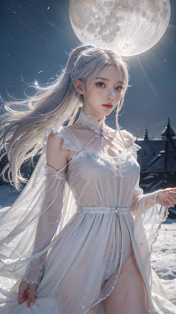 Masterpiece, (Best Quality: 1.2), (Super Fine: 1.2), Illustration, (Extremely Delicate and Beautiful: 1.2), Film Angle, Floating, (Beautiful Detail Eye: 1.1), (Detail Light: 1.1), Film Lights, Delicate Sky, Woman, White Hair, Blue Eyes, (High Ponytail: 1.1), Cloak, Glowing Eyes, (Moon: 1.2), (Moonlight: 1.1), Starry Sky, (Light Particles: 1.1), Fog , snow painting, sketching, blooming