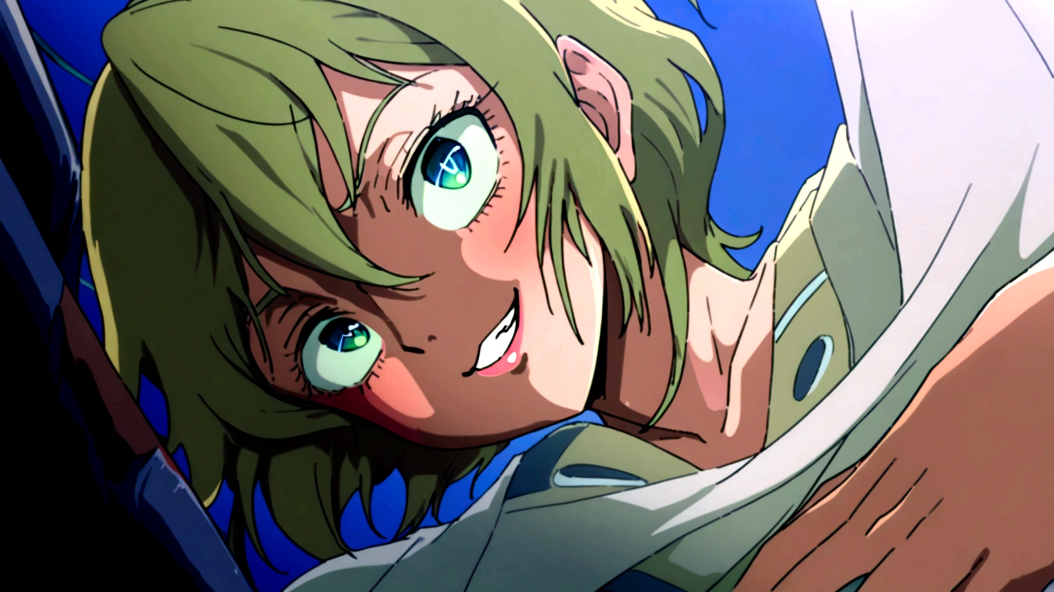 (Radical Ed:1.5), (Edward Wong Hau Pepelu Tivrusky IV), red hair, (Green goggles), white shirt, A once-in-a-millennium masterpiece, A photo you will never get again, Inexplicable high resolution, The cutest girl in the world, Ultra high definition eyes, Eyes that seem to draw you in, Jewel-like eyes, Extreme close up, very slender, clavicle, 8-year-old, spaceship on the background, blue sky, grin, shoulder