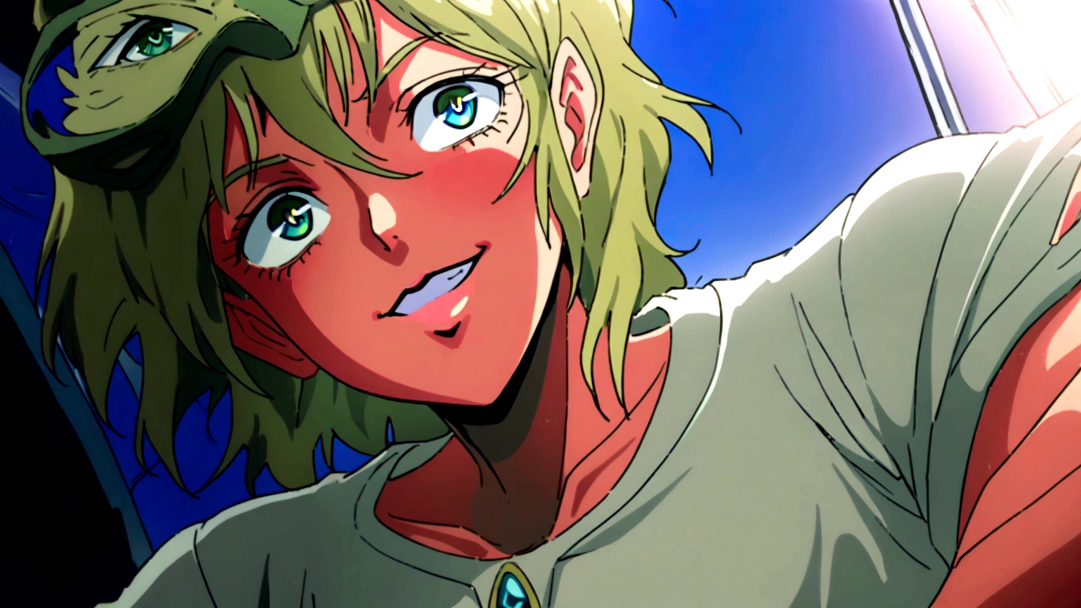 (Radical Ed:1.5), (Edward Wong Hau Pepelu Tivrusky IV), red hair, (Green goggles), white shirt, A once-in-a-millennium masterpiece, A photo you will never get again, Inexplicable high resolution, The cutest girl in the world, Ultra high definition eyes, Eyes that seem to draw you in, Jewel-like eyes, Extreme close up, very slender, clavicle, 8-year-old, spaceship on the background, blue sky, grin, shoulder