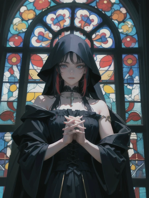 ((highest quallity)), naughty man,Detailed Description,gorgeous face, blue left eye, red right eye, slickedback hair, hypdertailed, hair down to the shoulders, Gothic, caucasiano,renaissance church window background,black robe,Beautiful young man,Detailed facial representation,black monk clothes, hands crossed, crucifix in one hand