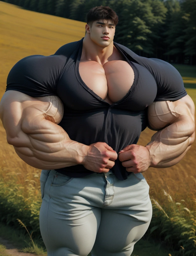 1 asian boy, giant, alone, giant bodybuilder, sunny light, strong body, bulk, large size, staring, standing, at countryside meadows, outdoor, nude, ripped shirt & pants, thick bulge, extraordinary big, brutalmass, giant muscular body, bulk, buff, massive body, large meaty body size, extremely wide body