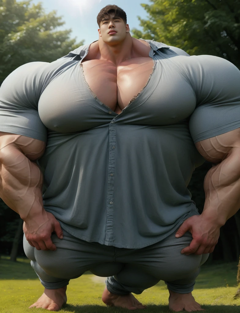 1 asian boy, giant, alone, giant bodybuilder, sunny light, strong body, bulk, large size, staring, standing, at countryside meadows, outdoor, nude, ripped shirt & pants, thick bulge, extraordinary big, brutalmass, giant muscular body, bulk, buff, massive body, large meaty body size, extremely wide body