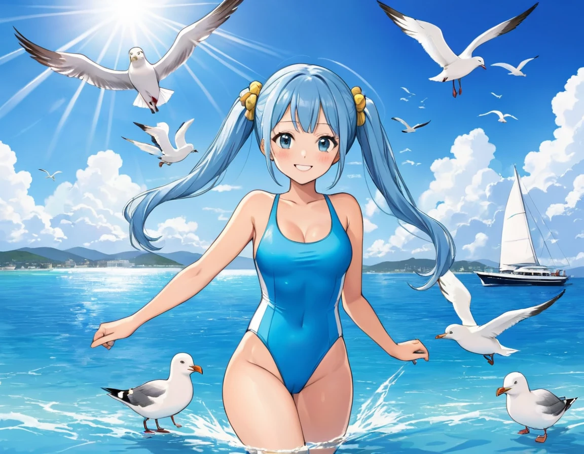 Summer sky　Summer sunshine　Beautiful girl playing in the sea　Light blue long hair　Beautiful girl with twin tails　One piece swimsuit　Many girls are playing in the sea　Bright smile　Seagulls are flying in the sky　There is a yacht floating in the sea