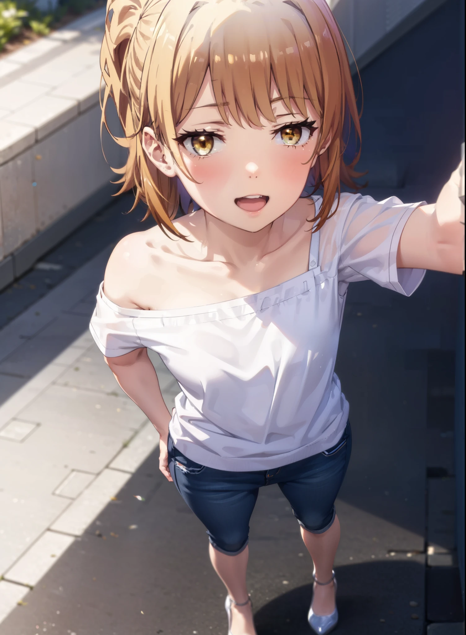 Irohaisshiki, isshiki iroha, Short Hair, Brown Hair, (Brown eyes:1.5), blush,ponytail,Squint both eyes,blush,
happy smile, smile, Open your mouth,Cold Shoulder Shirt,Short sleeve skinny jeans,Stiletto heels,Daytime,Clear skies,Are standing,Put your right hand on your hip,whole bodyがイラストに入るように,Looking up from bottom to top,
break outdoors, School,courtyard,
break looking at viewer,whole body,
break (masterpiece:1.2), Highest quality, High resolution, unity 8k wallpaper, (figure:0.8), (Beautiful attention to detail:1.6), Highly detailed face, Perfect lighting, Highly detailed CG, (Perfect hands, Perfect ???????),