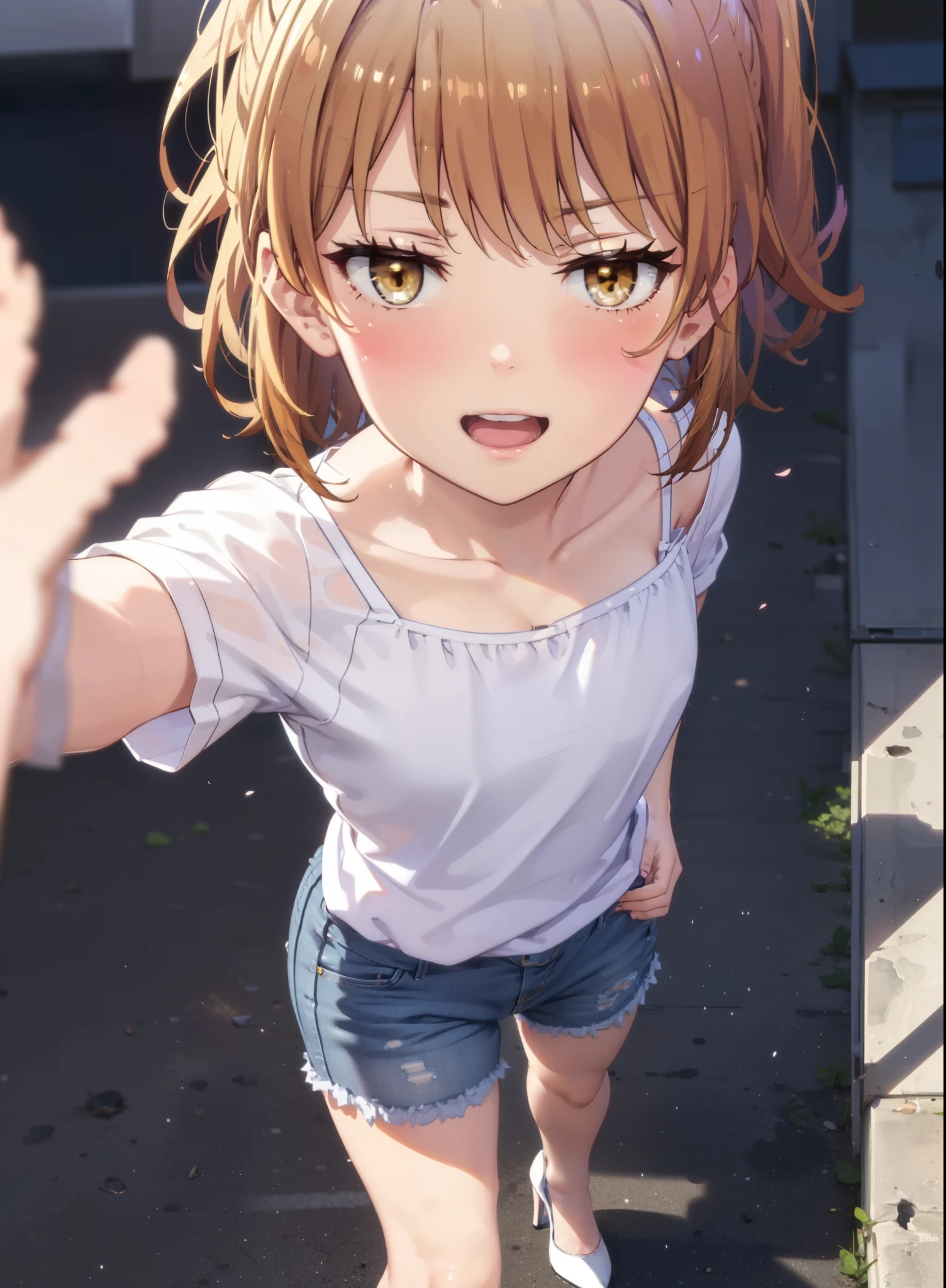 Irohaisshiki, isshiki iroha, Short Hair, Brown Hair, (Brown eyes:1.5), blush,ponytail,Squint both eyes,blush,
happy smile, smile, Open your mouth,Cold Shoulder Shirt,Short sleeve skinny jeans,Stiletto heels,Daytime,Clear skies,Are standing,Put your right hand on your hip,whole bodyがイラストに入るように,Looking up from bottom to top,
break outdoors, School,courtyard,
break looking at viewer,whole body,
break (masterpiece:1.2), Highest quality, High resolution, unity 8k wallpaper, (figure:0.8), (Beautiful attention to detail:1.6), Highly detailed face, Perfect lighting, Highly detailed CG, (Perfect hands, Perfect Anatomy),