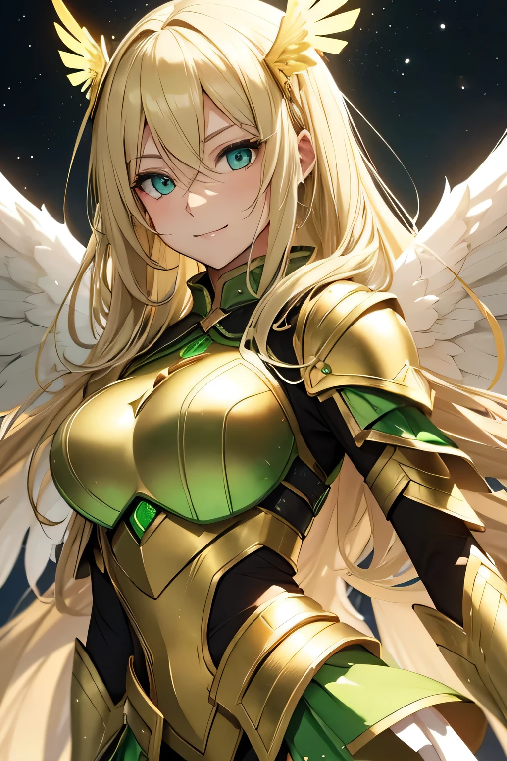 woman, 30 years old, long blonde hair that gradually turns green, light green eyes. Golden and green armor, wings and angel halo, sweet smile.