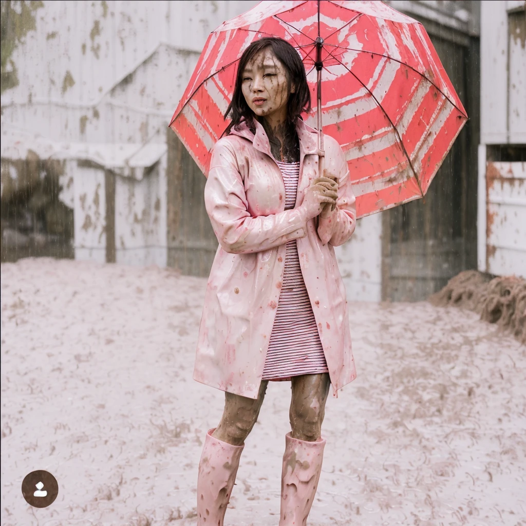 asian lady holding umbrella, cute pose, pink buttoned raincoat, tall pink rain boots, ((((muddy clothes)))), intricate details, highly detailed, masterpiece, 8k, photorealistic, cinematic lighting, vibrant colors, soft focus, elegant, feminine, beautiful, serene, graceful