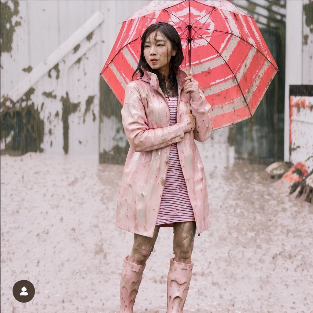asian lady holding umbrella, cute pose, pink buttoned raincoat, tall pink rain boots, ((((muddy clothes)))), intricate details, highly detailed, masterpiece, 8k, photorealistic, cinematic lighting, vibrant colors, soft focus, elegant, feminine, beautiful, serene, graceful