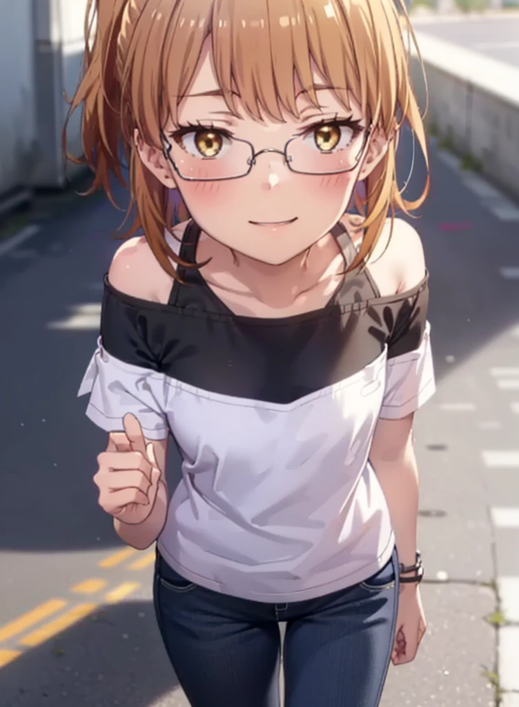 Irohaisshiki, isshiki iroha, Short Hair, Brown Hair, (Brown eyes:1.5), blush,ponytail,Squint both eyes,blush,Black-rimmed glasses,
happy smile, smile, Open your mouth,Cold Shoulder Shirt,Short sleeve skinny jeans,Stiletto heels,Daytime,Clear skies,Are standing,Put your right hand on your hip,whole bodyがイラストに入るように,Looking up from bottom to top,
break outdoors, School,courtyard,
break looking at viewer,whole body,
break (masterpiece:1.2), Highest quality, High resolution, unity 8k wallpaper, (figure:0.8), (Beautiful attention to detail:1.6), Highly detailed face, Perfect lighting, Highly detailed CG, (Perfect hands, Perfect Anatomy),