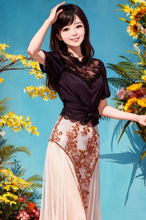 Highest quality、masterpiece、High sensitivity、High resolution、Detailed Description、Slender women、Slim Body、Lace skirt、wave hands、With a smile、