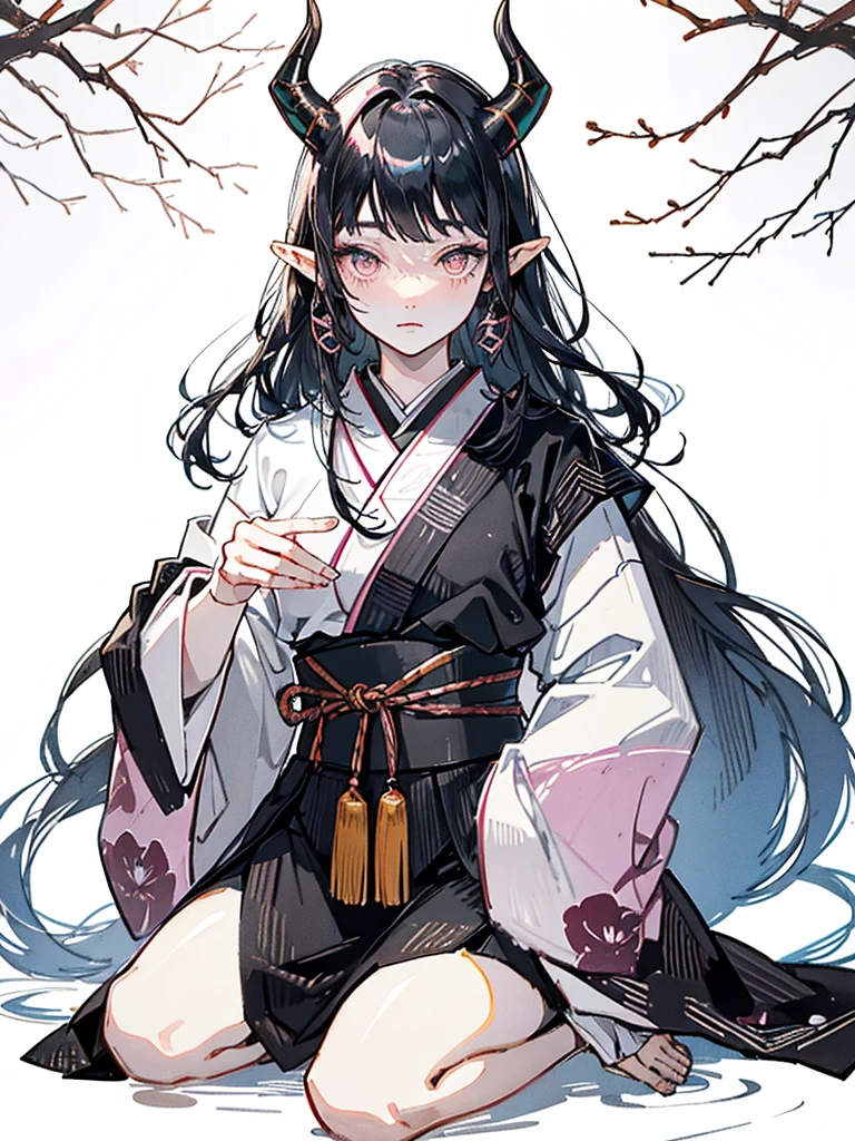 elven ears, dark black hair, long hairstyle, pink eyes, japanese style, japanese black kimono, black horns, a mole under the left eye