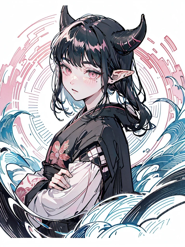 elven ears, dark black hair, long hairstyle, pink eyes, japanese style, japanese black kimono, black horns, a mole under the left eye