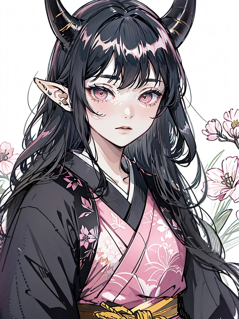 elven ears, dark black hair, long hairstyle, pink eyes, japanese style, japanese black kimono, black horns, a mole under the left eye
