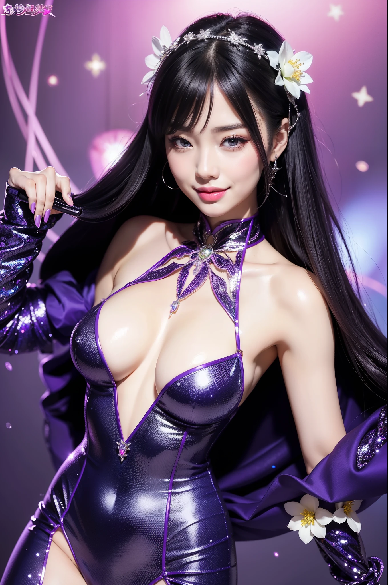 sexy woman who controls poison、smiling face、lipgloss、intense makeup、look at the camera、full body Esbian、、sparkling poisoned flower costume、、、、sparkling Colorful hair、secrete poison、skull hair accessories, detailed tights、shiny sparkling flowers background