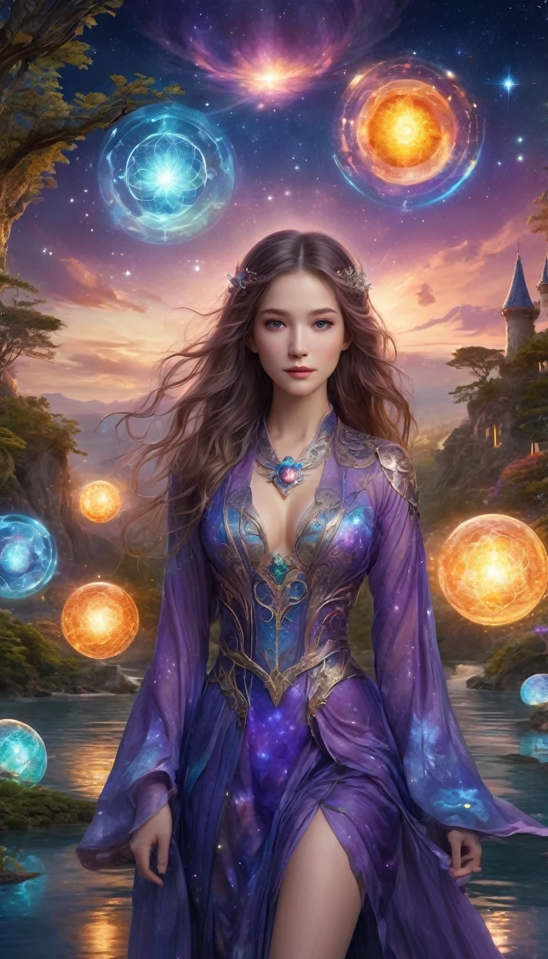 Magical World，(1 Girl trapped in a cosmic vortex nebula:1.5)，Rendered with the Cosmic Beach Swirl engine，(Detailed facial features)，(Beautiful facial features)，Ancient and mysterious castle，Purple Stone，gemstone decoration，glowing plant，Silver Creek，colored clouds，Strange Creatures，Huge magic library，Rich book collection，Magic fluctuations，Crystal Ball，Distant galaxies，Field of magic，A female magician who studies magic，(Glowing magic symbol)，Dreamland，Time and space distortion，River of Light，(Enchanted Garden)，Ultra-wide lens，Bottom view，Knee Shot(KS)，Full body shot(FLS)，High Detail，high resolution，Ultra-high quality，detailed，Hyperrealism，Volumetric Lighting，Spectacular，Ambient Light，light pollution，Movie atmosphere，Art Nouveau，Illustration artwork by SenseiJaye，Intricate details