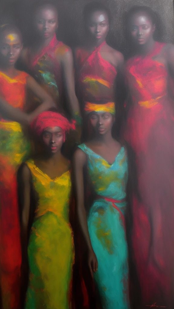 sureal abstract painting of the 3 african muses, oil on canvas 