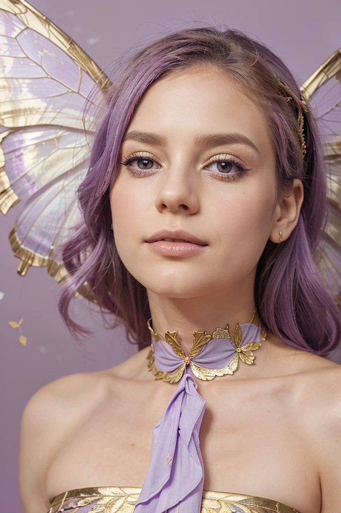 Make a pastel lilac background with a purple butterfly full of realistic and golden details with its wings open