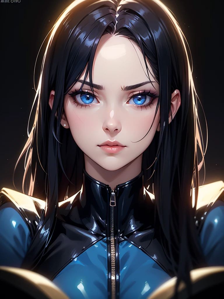 ((Portrait Photo)), She has a Sexy and Attractive Appearance, with a Slim Build and Pale Skin. She Expresses a Intense Look, Giving Off an Graceful Glint. She has Sharp, Dark Blue Eyes, and Her Hair is Long and Black, with Bare Forehead. She Wears a High-Cut Leotard. ((Portrait Photo, HDR, Dark Background))
