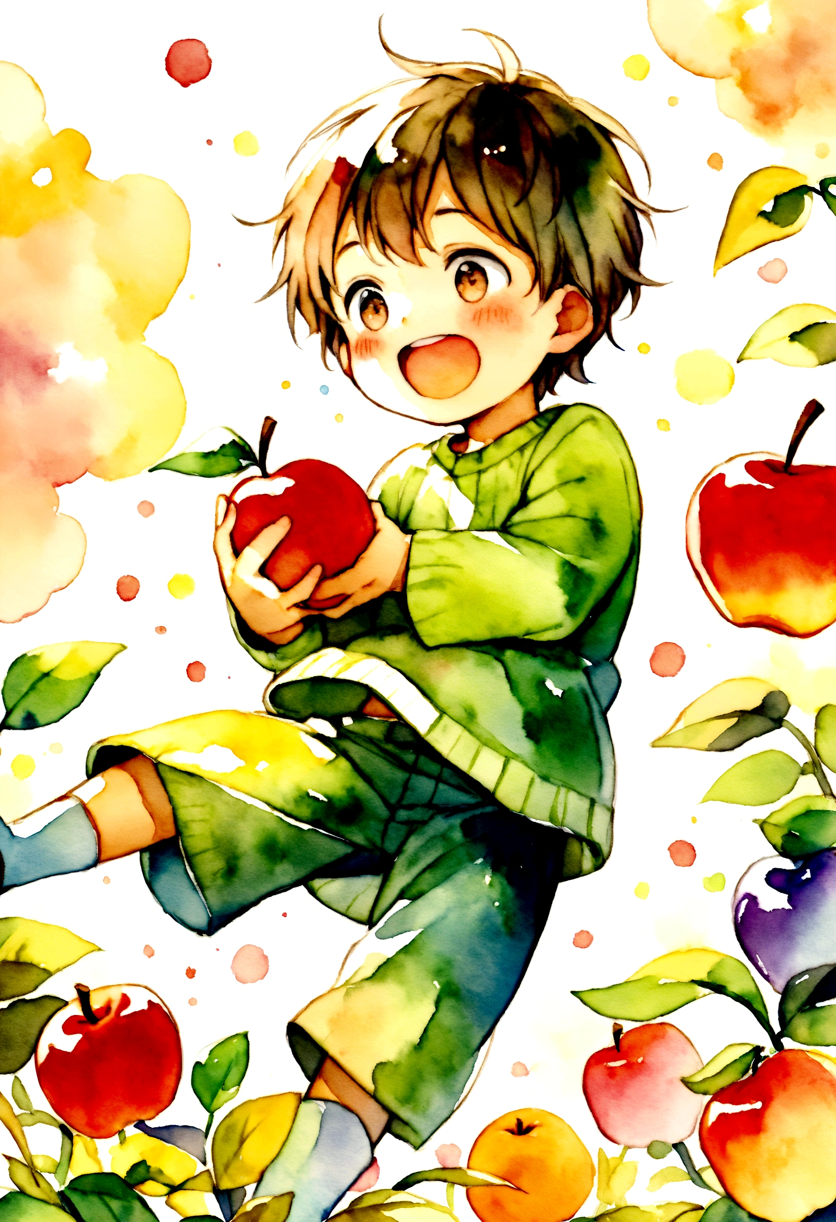 A boy around 4 years old is holding an apple happily.　Picture books　Watercolor