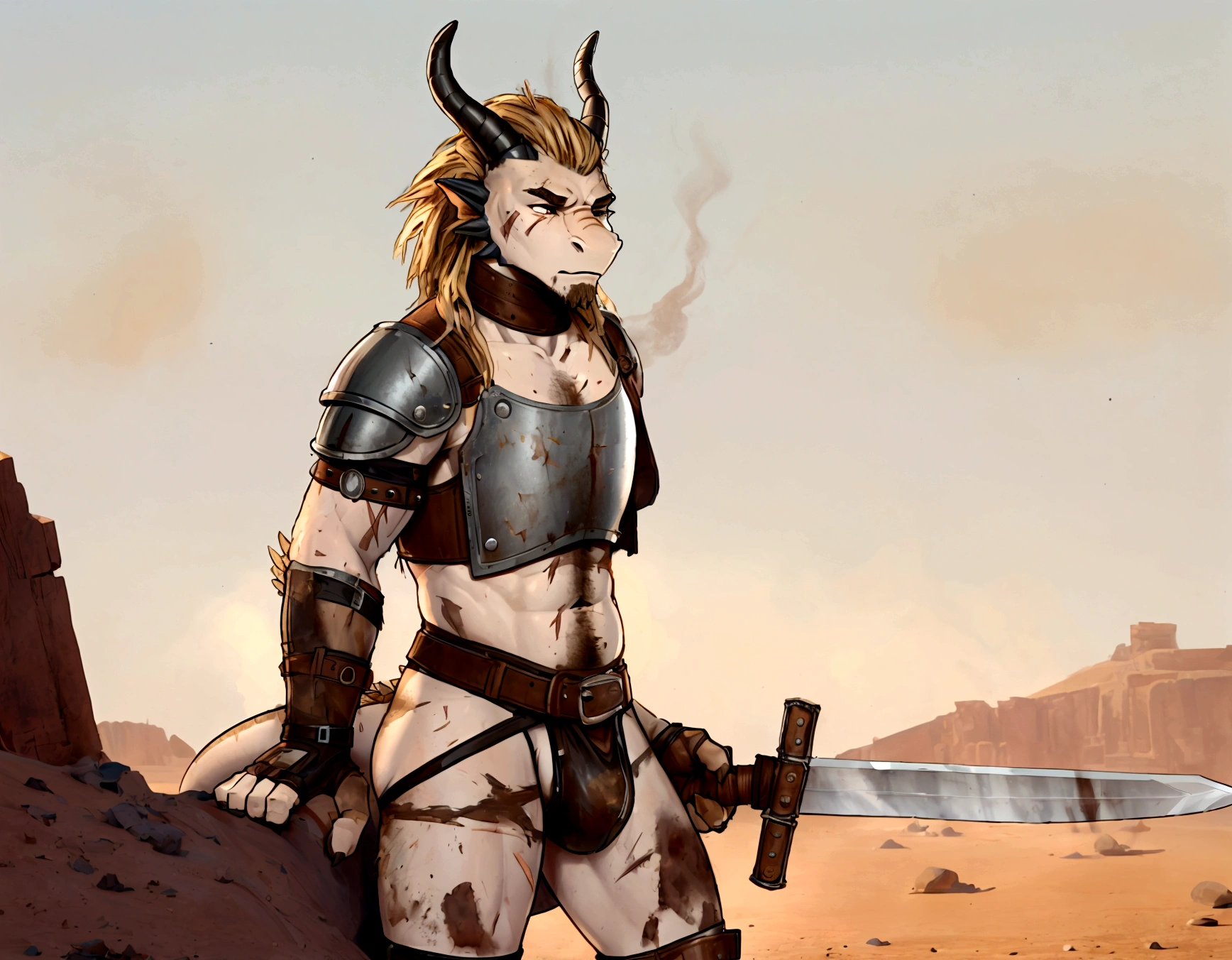 Solo Sexy young anthro scalie dragon male mercenary medieval solider, slim endomorph muscular, anthro handsome gay shorter muzzle, handsome gay model male apperance, sword scars, worn out leather skimpy armament, low on hips heavy leather belt, old very worn out skimpy dirty linen material jockstrap, old yellow dirty worn out stains on white sawn jockstrap, very visible "x" brown seam pattern on the jockstrap, studded skimpy armlets breastplate armor, skimpy breastplate, leather bondages, fingerless leather gloves, smelly unwashed husk, dirty body look, desert battlefield, standing in sexy fighting position, close view of full character