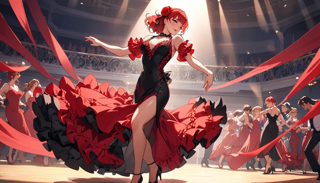 (Highest quality)Woman dancing flamenco,Red hair,Sexy Dress,Anime Style
