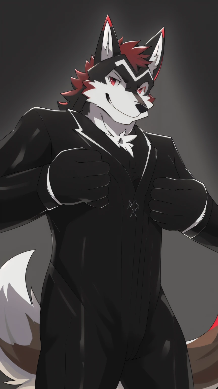 Orange background,high resolution,4K,masterpiece,high quality,35 years old,((Wolfdog)),male,((whole body:1.4,Strike a pose:1.5,Mature:1.3,Smiling face:1.4)),WolfdogFurry,(Uncle figure:1.5,hairy),((Moderate:1.2)),((Strong body:1.5,Long legs:1.3,big ear:1.3,Thick long tail,((White and black suit 1:3)),(((Red head:1.4,White neck:1.3,Red eyes:1.3,White chest:1.3,White belly:1.3,Red back of hand:1.3,Red and white tail:1.3))),Delicate eyes:1.6,Fine details,Detailed body,(Detailed hand details:1.4)
