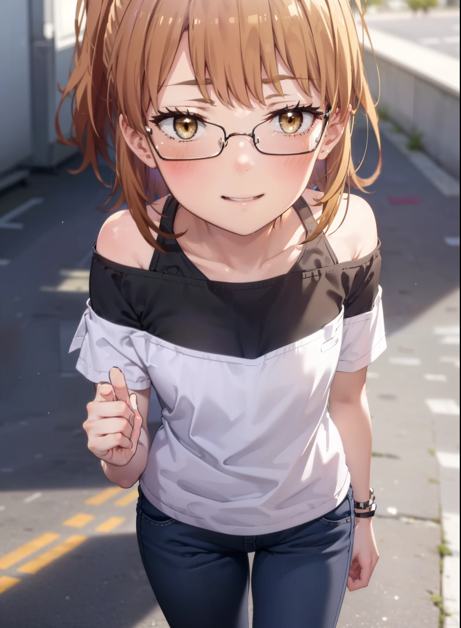 Irohaisshiki, isshiki iroha, Short Hair, Brown Hair, (Brown eyes:1.5), blush,ponytail,Squint both eyes,blush,Black-rimmed glasses,
happy smile, smile, Open your mouth,Cold Shoulder Shirt,Short sleeve skinny jeans,Stiletto heels,Daytime,Clear skies,Are standing,Put your right hand on your hip,whole bodyがイラストに入るように,Looking up from bottom to top,
break outdoors, School,courtyard,
break looking at viewer,whole body,
break (masterpiece:1.2), Highest quality, High resolution, unity 8k wallpaper, (figure:0.8), (Beautiful attention to detail:1.6), Highly detailed face, Perfect lighting, Highly detailed CG, (Perfect hands, Perfect Anatomy),