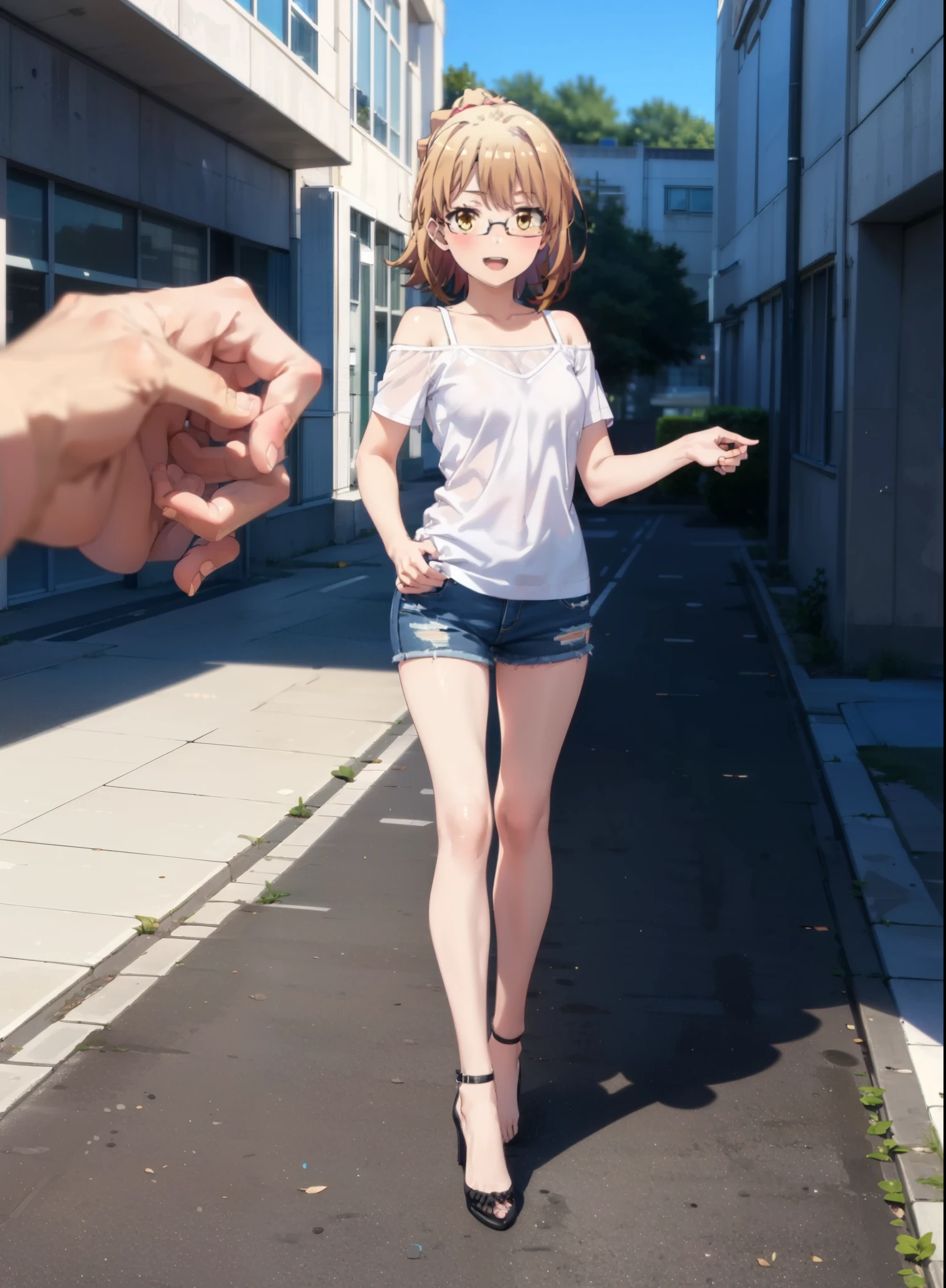 Irohaisshiki, isshiki iroha, Short Hair, Brown Hair, (Brown eyes:1.5), blush,ponytail,Squint both eyes,blush,Black-rimmed glasses,
happy smile, smile, Open your mouth,Cold Shoulder Shirt,Short sleeve skinny jeans,Stiletto heels,Daytime,Clear skies,Are standing,Put your right hand on your hip,whole bodyがイラストに入るように,Looking up from bottom to top,
break outdoors, School,courtyard,
break looking at viewer,whole body,
break (masterpiece:1.2), Highest quality, High resolution, unity 8k wallpaper, (figure:0.8), (Beautiful attention to detail:1.6), Highly detailed face, Perfect lighting, Highly detailed CG, (Perfect hands, Perfect Anatomy),