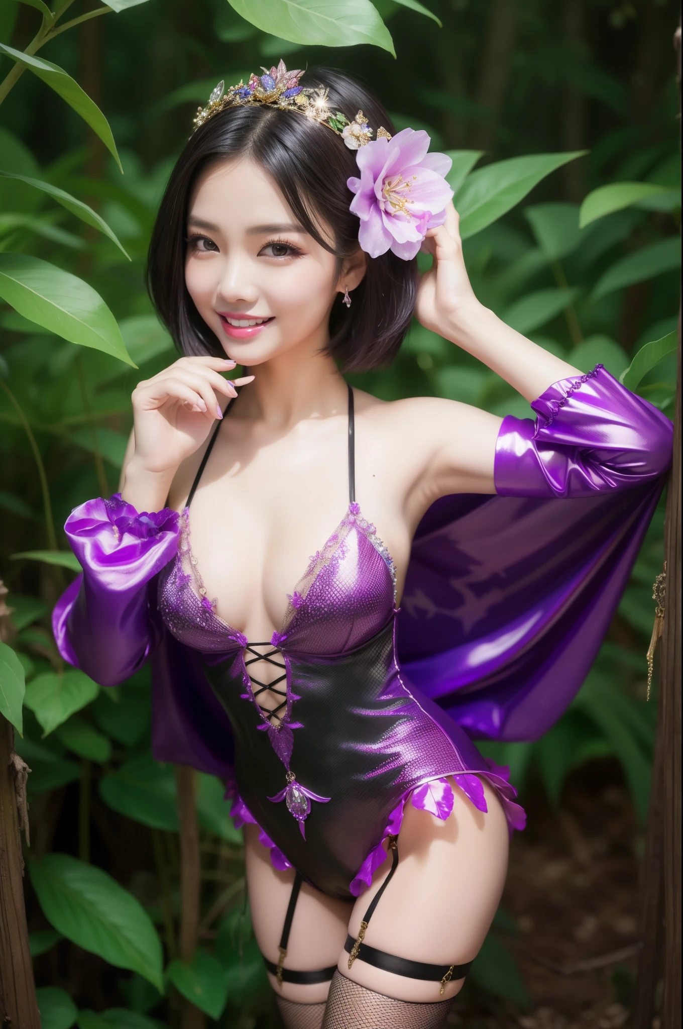 sexy Thai model who controls poison、beautiful smile、lipgloss、dramatic makeup、look at the camera、full body Esbian、、sparkling poisoned enchanted flower costume、、、、shiny sparkling colorful short hair、secrete poison、skull hair accessories、fishnet tights、shiny sparkling dark magic forest background