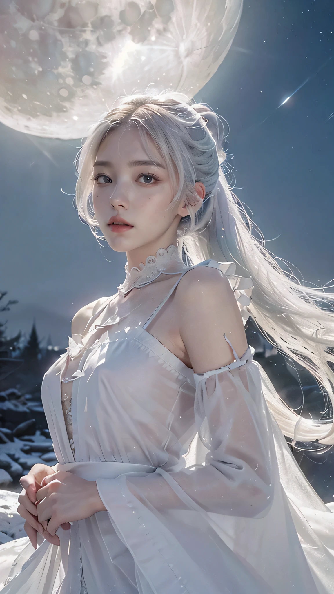 Masterpiece, (Best Quality: 1.2), (Super Fine: 1.2), Illustration, (Extremely Delicate and Beautiful: 1.2), Film Angle, Floating, (Beautiful Detail Eye: 1.1), (Detail Light: 1.1), Film Lights, Delicate Sky, Woman, White Hair, Blue Eyes, (High Ponytail: 1.1), Cloak, Glowing Eyes, (Moon: 1.2), (Moonlight: 1.1), Starry Sky, (Light Particles: 1.1), Fog , snow painting, sketching, blooming