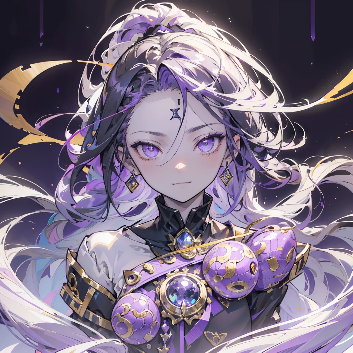 cheerful boy aristocrat open forehead. dark purple hair braided in a ponytail on the left side to one side. sinuous black horns wrapped in dark purple ribbon. pale violet eyes. in short dark purple shorts. long white T-shirt. dark purple knee-high socks. a white long robe with a hood flutters in the wind. black ancient stone walls of the castle purple light from lamps with gold ornaments, heterochromia, long curly hair, pale skin, I look at the viewer, closed mouth, bright smile, Beautiful, extremely detailed eye, Absolutely amazing art, extremely detailed, Digital art of the highest quality, full length, old piano, ancient walls of a stone castle