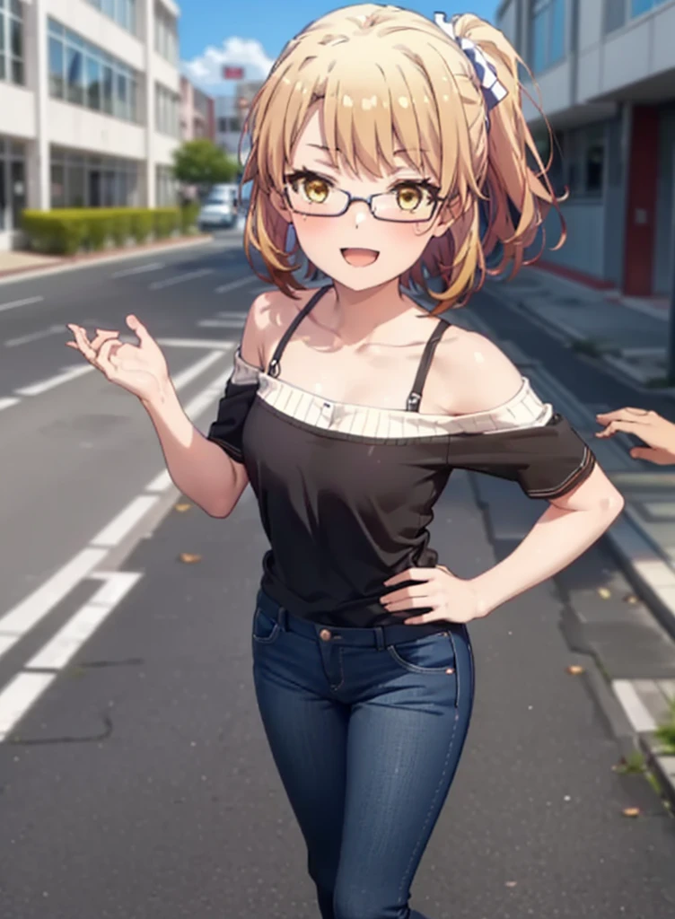 Irohaisshiki, isshiki iroha, Short Hair, Brown Hair, (Brown eyes:1.5), blush,ponytail,Squint both eyes,blush,Black-rimmed glasses,
happy smile, smile, Open your mouth,Cold Shoulder Shirt,Short sleeve skinny jeans,Stiletto heels,Daytime,Clear skies,Are standing,Put your right hand on your hip,whole bodyがイラストに入るように,Looking up from bottom to top,
break outdoors, School,courtyard,
break looking at viewer,whole body,
break (masterpiece:1.2), Highest quality, High resolution, unity 8k wallpaper, (figure:0.8), (Beautiful attention to detail:1.6), Highly detailed face, Perfect lighting, Highly detailed CG, (Perfect hands, Perfect Anatomy),