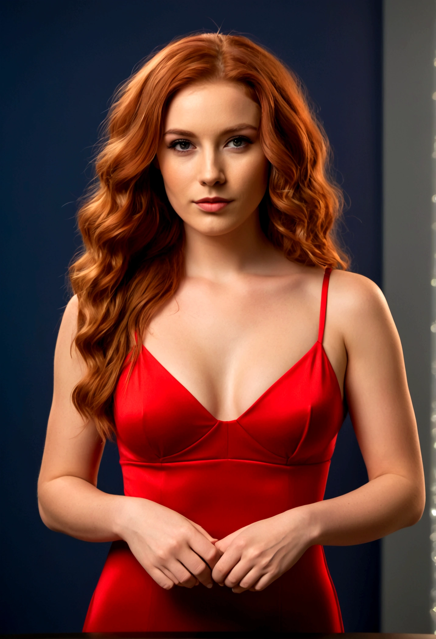 25 year old woman, redhead, fit body, wavy hair, casino, light show, dress, elegant red, simple neckline