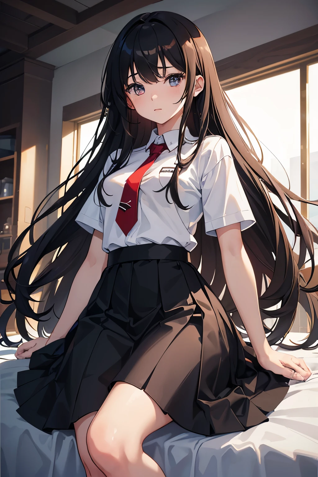 young girl, 14 years old, wearing a white dress t-shirt with a red tie, black skirt, long socks, and black shoes. Her long hair is straight at the top, transitioning to curls at the ends, and her eyes are a warm brown color. This image should showcase a high level of detail with a realistic rendering, utilizing ultra-detailed, 8K quality, HDR, UHD, studio lighting, ultra-fine painting, sharp focus, physically-based rendering, extreme detail description, professional, vivid colors, and bokeh to capture the essence of youth and innocence.