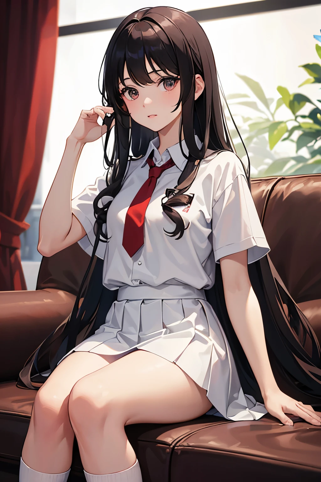 young girl, 14 years old, wearing a white dress t-shirt with a red tie, black skirt, long socks, and black shoes. Her long hair is straight at the top, transitioning to curls at the ends, and her eyes are a warm brown color. This image should showcase a high level of detail with a realistic rendering, utilizing ultra-detailed, 8K quality, HDR, UHD, studio lighting, ultra-fine painting, sharp focus, physically-based rendering, extreme detail description, professional, vivid colors, and bokeh to capture the essence of youth and innocence.