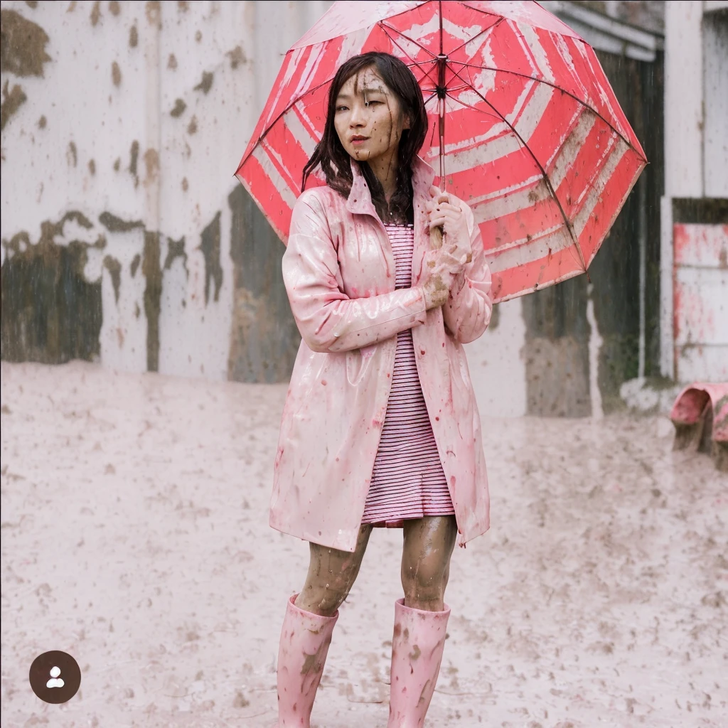 asian lady holding umbrella, cute pose, pink buttoned raincoat, tall pink rain boots, ((((muddy clothes)))), intricate details, highly detailed, masterpiece, 8k, photorealistic, cinematic lighting, vibrant colors, soft focus, elegant, feminine, beautiful, serene, graceful