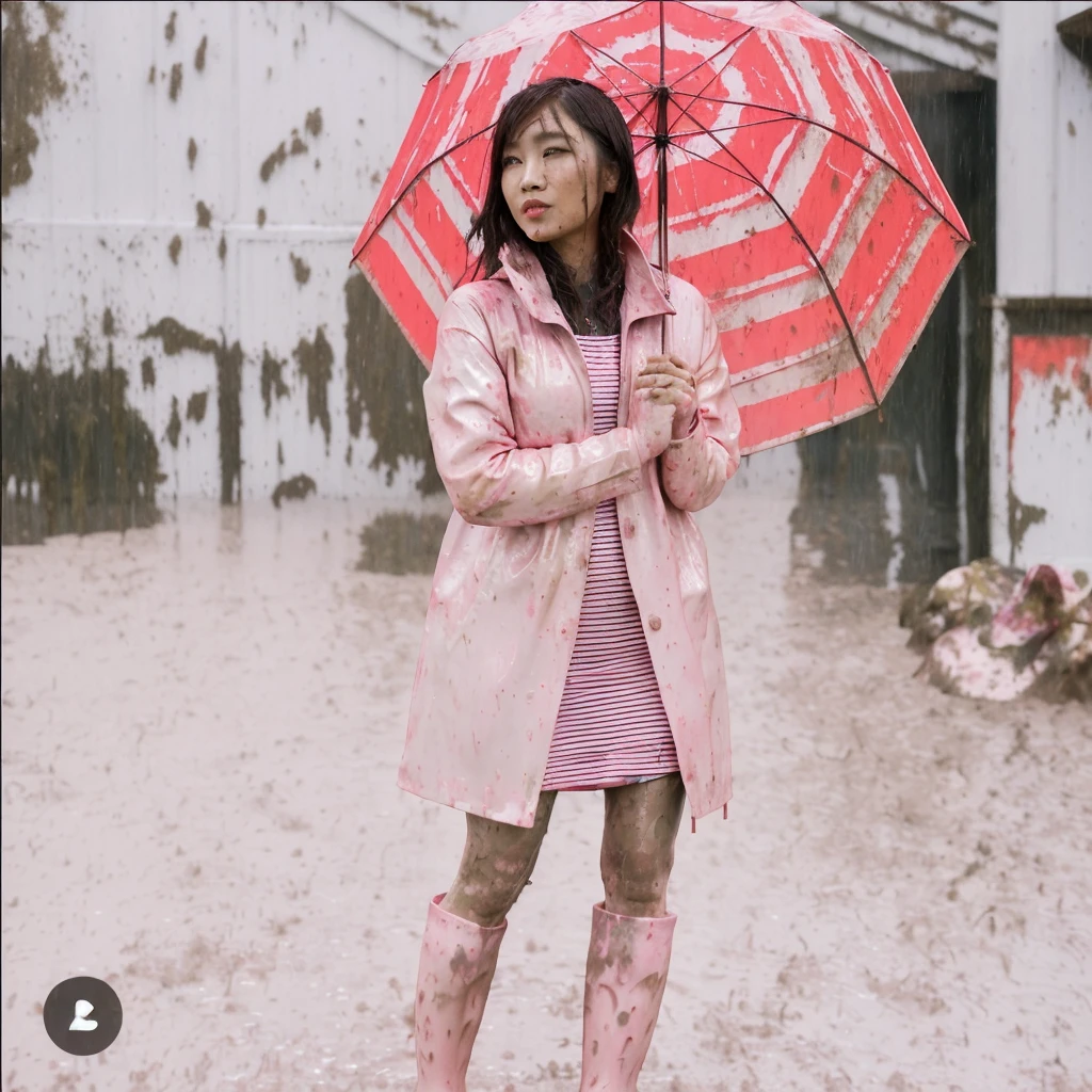 asian lady holding umbrella, cute pose, pink buttoned raincoat, tall pink rain boots, ((((muddy clothes)))), intricate details, highly detailed, masterpiece, 8k, photorealistic, cinematic lighting, vibrant colors, soft focus, elegant, feminine, beautiful, serene, graceful