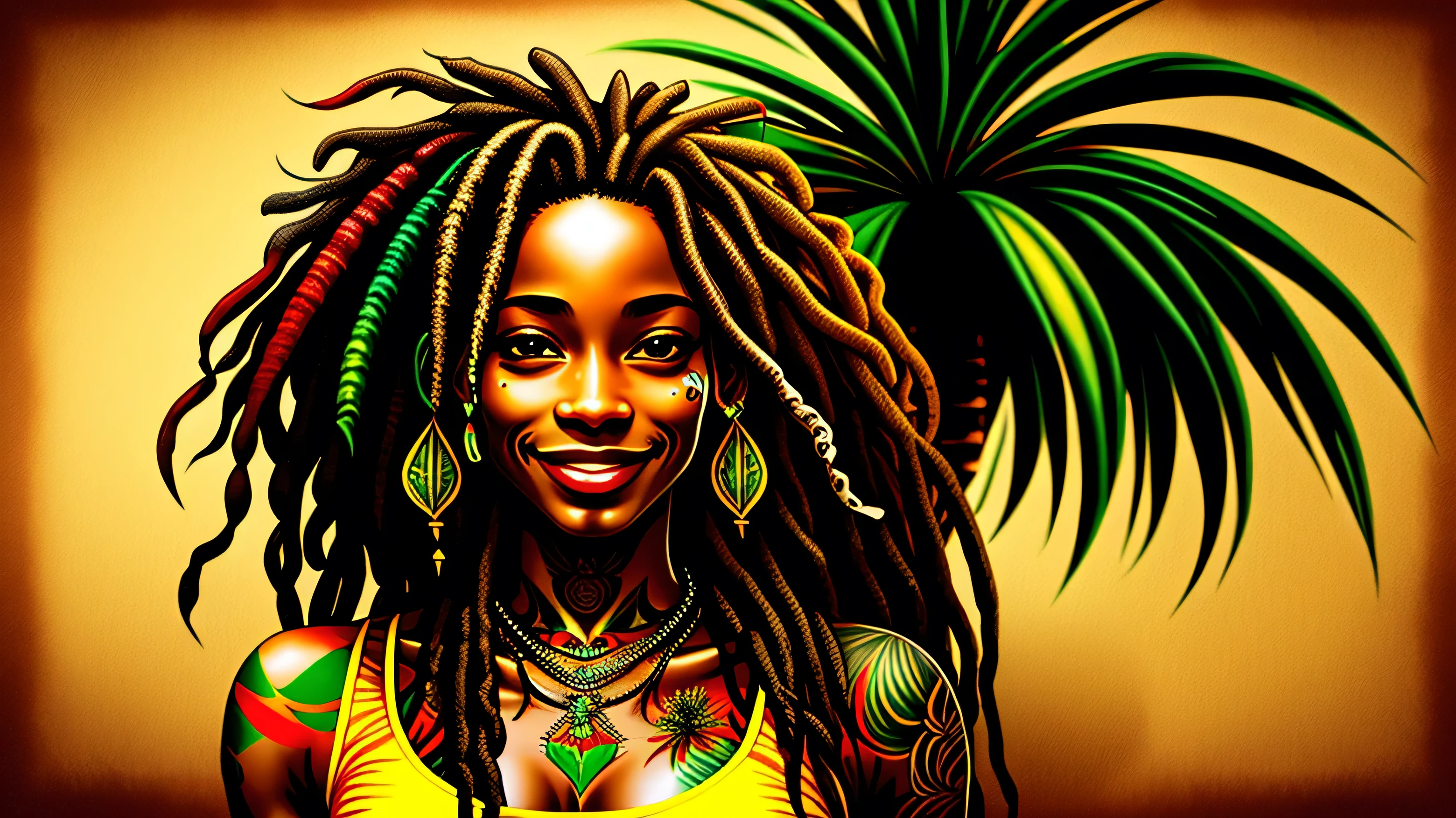 One smiling black Rastafarian woman, Dreadlocks Hair Reggae Color Realism Tattoo Design,Palm tree