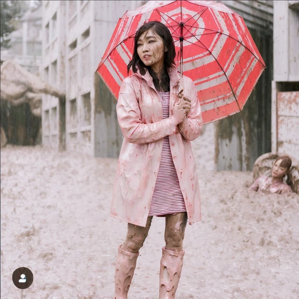 asian lady holding umbrella, cute pose, pink buttoned raincoat, tall pink rain boots, ((((muddy clothes)))), intricate details, highly detailed, masterpiece, 8k, photorealistic, cinematic lighting, vibrant colors, soft focus, elegant, feminine, beautiful, serene, graceful
