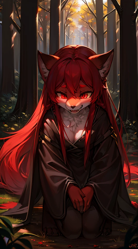 a black and red wolf female,furry with gold markings,long red hair,fangs,red eyes,attractive,seductive look,anthro,bending over on forest floor,surrounded by trees,covered in cum,panting,fully naked, best quality,4k,8k,highres,masterpiece:1.2,ultra-detailed,realistic,photorealistic,photo-realistic:1.37,HDR,UHD,studio lighting,ultra-fine painting,sharp focus,physically-based rendering,extreme detail description,professional,vivid colors,bokeh,digital painting,concept art