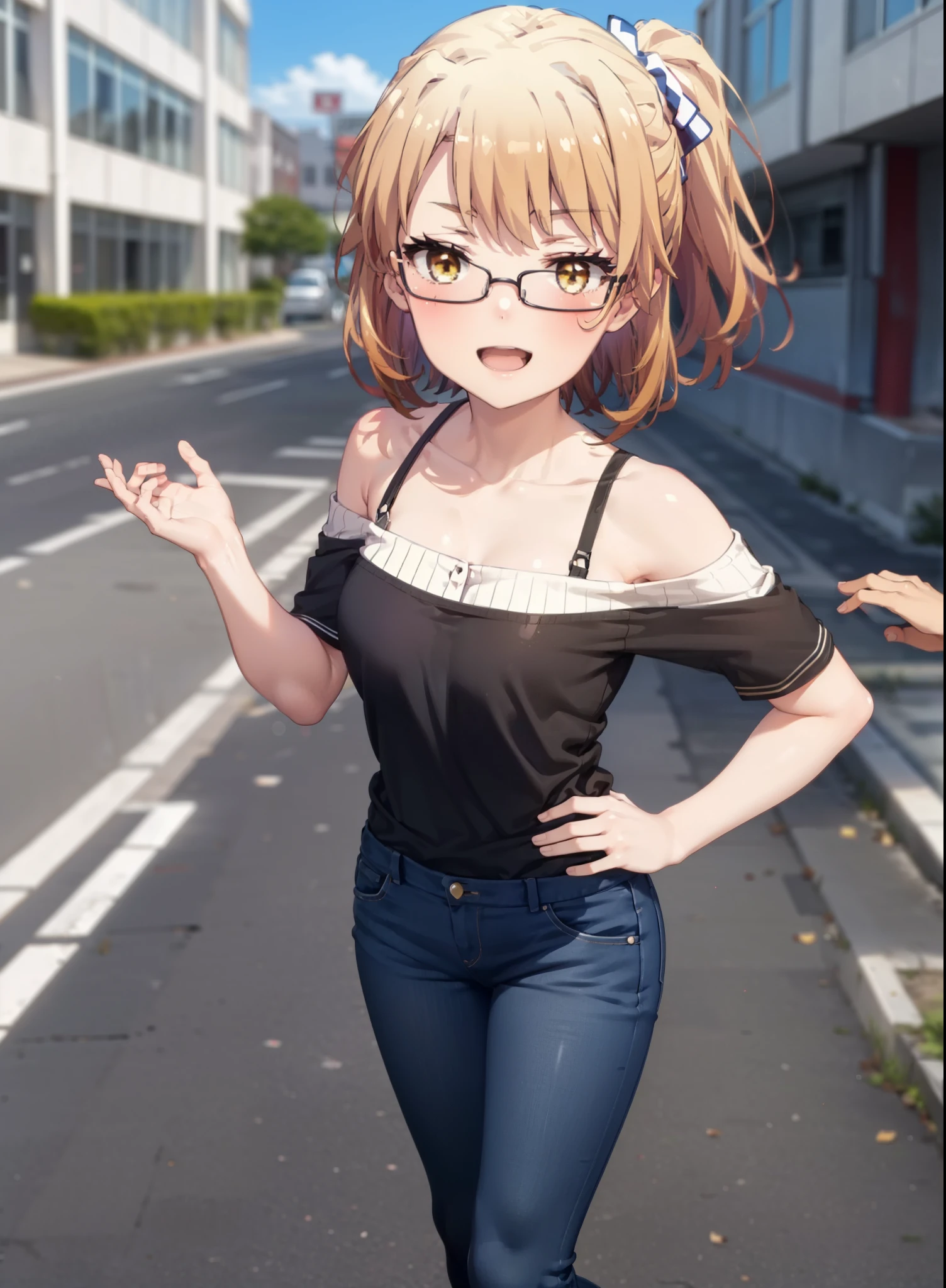 Irohaisshiki, isshiki iroha, Short Hair, Brown Hair, (Brown eyes:1.5), blush,ponytail,Squint both eyes,blush,Black-rimmed glasses,
happy smile, smile, Open your mouth,Cold Shoulder Shirt,Short sleeve skinny jeans,Stiletto heels,Daytime,Clear skies,Are standing,Put your right hand on your hip,whole bodyがイラストに入るように,Looking up from bottom to top,
break outdoors, School,courtyard,
break looking at viewer,whole body,
break (masterpiece:1.2), Highest quality, High resolution, unity 8k wallpaper, (figure:0.8), (Beautiful attention to detail:1.6), Highly detailed face, Perfect lighting, Highly detailed CG, (Perfect hands, Perfect Anatomy),